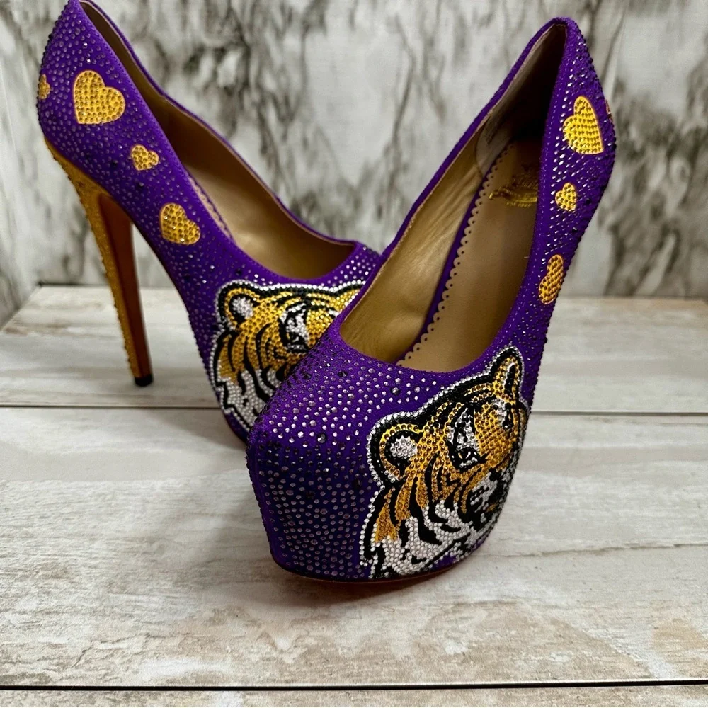 Herstar Women Sz 9 LSU Tigers Crystal Heels Pumps Shoes Purple Gold Glitter Glam